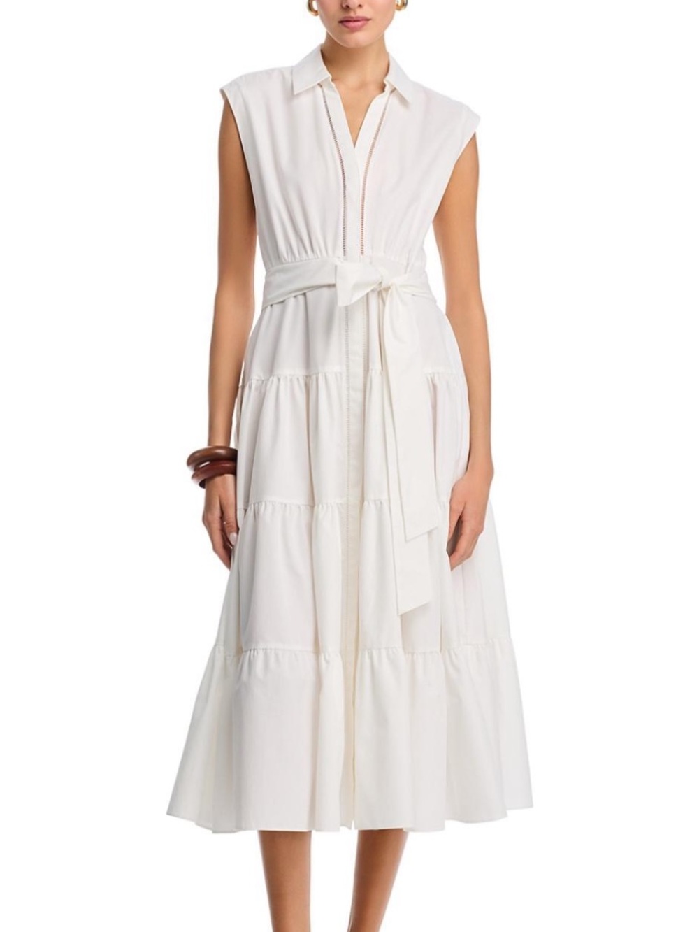 White Kobi Halperin Midi Lined Dress With Tiered Skirt and Tie Waist